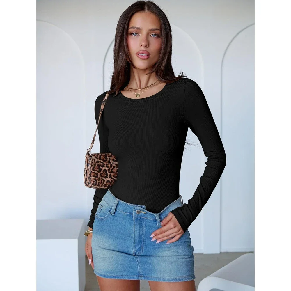 ANRABESS Women's Black Long Sleeve Crew Neck Bodysuits Top 2025 Fall Slim Fit M